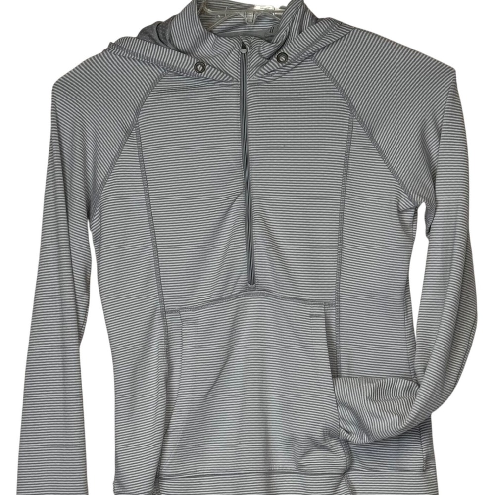 Athleta Gray White Striped Quarter Zip Hoodie Jacket Kangaroo Pocket Women's Med
